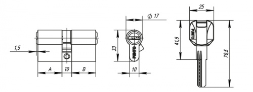 Цилиндровый механизм Z400/60 mm (25+10+25) PB латунь 5 кл.