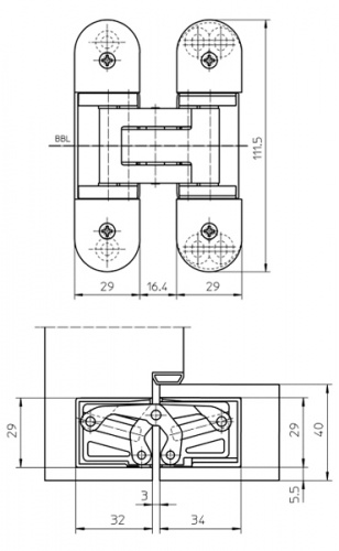 Петля скрытой установки универсальная TECTUS TE 303 3D F1-farbig (матовый хром), 60 кг