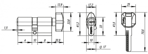 Цилиндровый механизм с вертушкой Z402/70 mm (30+10+30) PB латунь 5 кл.